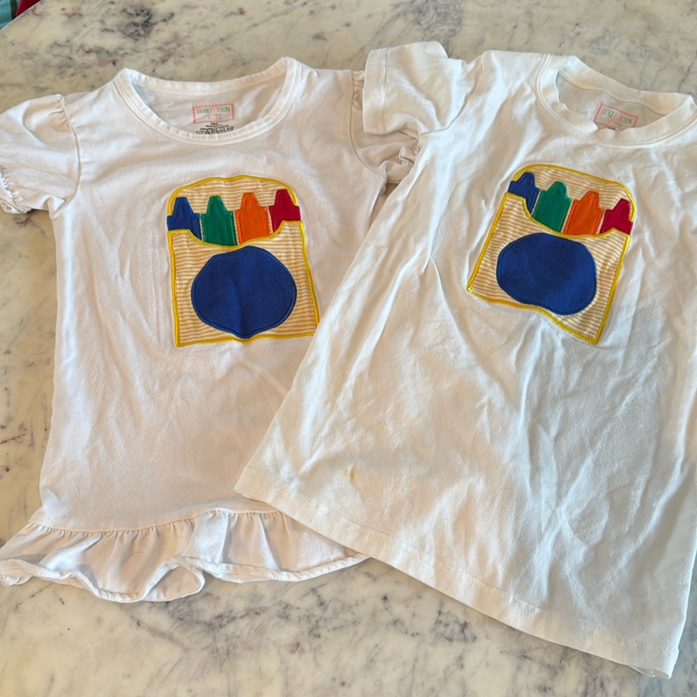 Southern Tots boy girl twin sibling matching crayon school shirt. Size 6 and 8